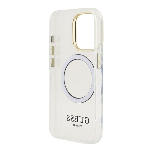 Guess для iPhone 15 Pro Max чехол PC/TPU Metal outline and Camera Stand Hard Transp/Gold (MagSafe)