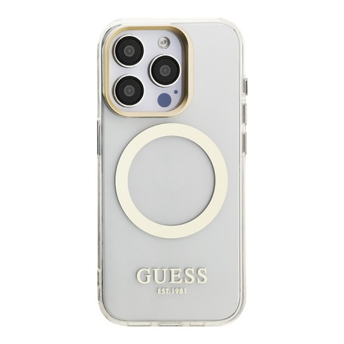 Guess для iPhone 15 Pro Max чехол PC/TPU Metal outline and Camera Stand Hard Transp/Gold (MagSafe)