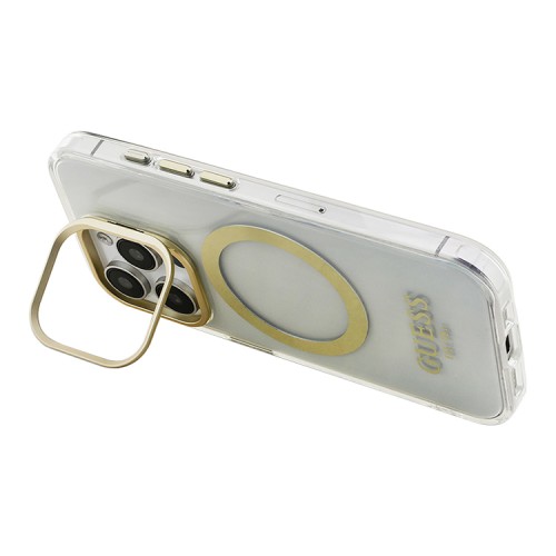 Guess для iPhone 15 Pro Max чехол PC/TPU Metal outline and Camera Stand Hard Transp/Gold (MagSafe)