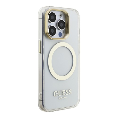 Guess для iPhone 15 Pro Max чехол PC/TPU Metal outline and Camera Stand Hard Transp/Gold (MagSafe)