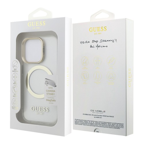 Guess для iPhone 15 Pro Max чехол PC/TPU Metal outline and Camera Stand Hard Transp/Gold (MagSafe)