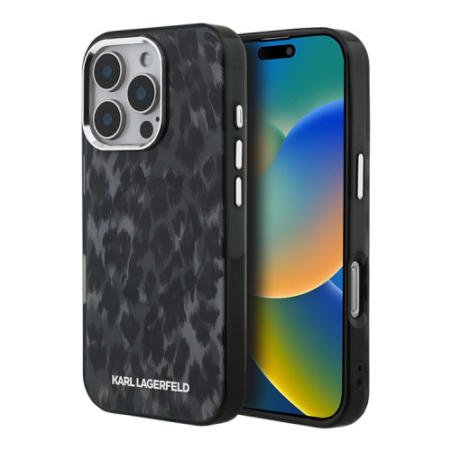 Karl Lagerfeld для iPhone 16 Pro чехол PC/TPU Leopard Metal camera Hard Black (MagSafe)