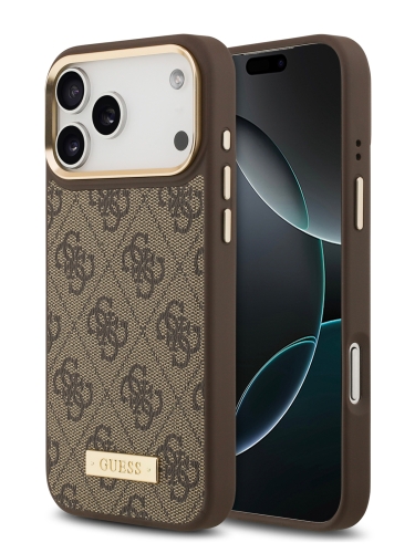 Guess для iPhone 17 Pro Max чехол PU 4G Plate metal logo and Gold camera Hard Brown (MagSafe)