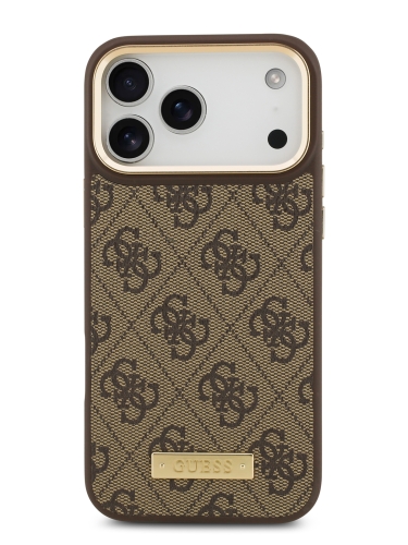 Guess для iPhone 17 Pro Max чехол PU 4G Plate metal logo and Gold camera Hard Brown (MagSafe)