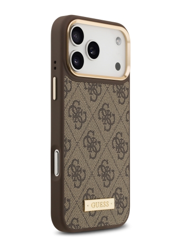 Guess для iPhone 17 Pro Max чехол PU 4G Plate metal logo and Gold camera Hard Brown (MagSafe)
