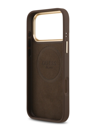 Guess для iPhone 17 Pro Max чехол PU 4G Plate metal logo and Gold camera Hard Brown (MagSafe)