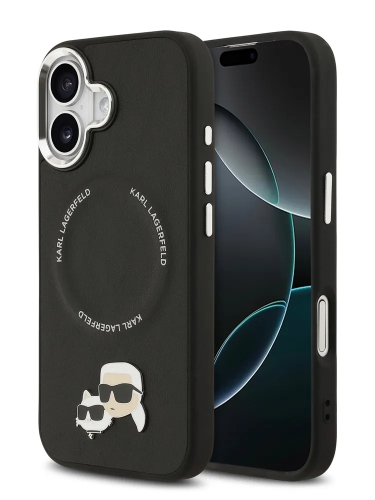 Karl Lagerfeld для iPhone 17 чехол PU NFT Karl & Choupette heads Metal pin & Cam Hard Black (MagSafe)