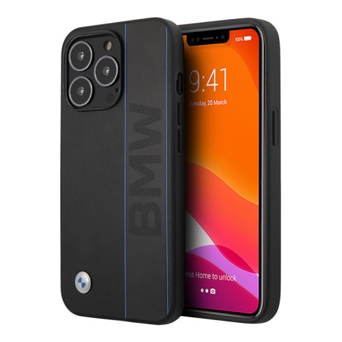 Кожаный чехол BMW Signature Blue lines Hard для iPhone 13 Pro, черный