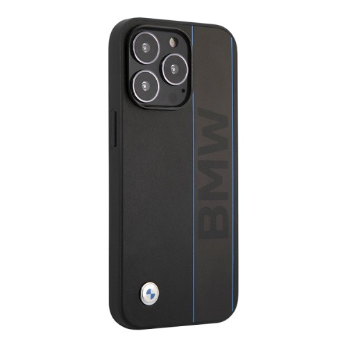 Кожаный чехол BMW Signature Blue lines Hard для iPhone 13 Pro, черный