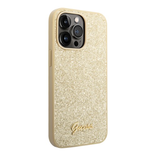 Чехол Guess Glitter flakes w Metal logo Hard для iPhone 14 Pro, золотой