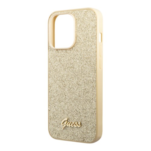 Чехол Guess Glitter flakes w Metal logo Hard для iPhone 14 Pro, золотой