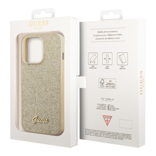 Чехол Guess Glitter flakes w Metal logo Hard для iPhone 14 Pro, золотой