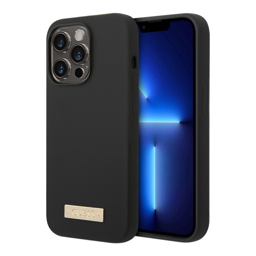 Чехол Guess Liquid Silicone Plate metal logo Hard для iPhone 14 Pro, черный (Magsafe)