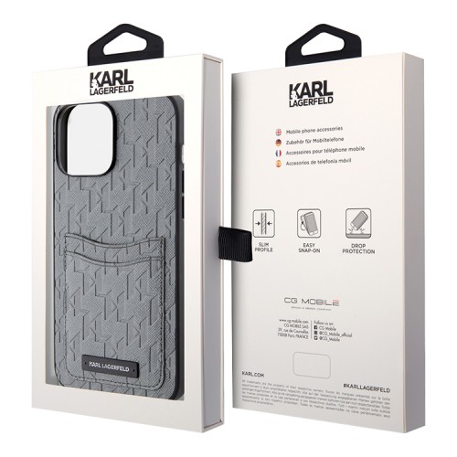 Чехол Lagerfeld PU Saffiano Monogram with Cardslot Hard для iPhone 14 Pro Max, серебристый