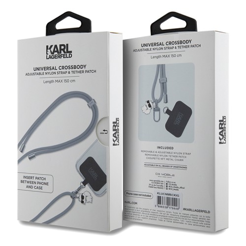 Karl Lagerfeld шнурок на шею для телефона Crossbody Nylon cord + NFT Choupette metal charm Grey
