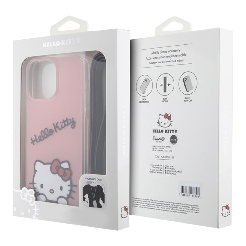 Hello Kitty для iPhone 15 Pro Max чехол Crossbody PC/TPU Dreaming Kitty + PU Strass strap Hard Pink