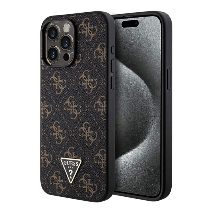 Guess для iPhone 15 Pro Max чехол PU 4G Gold pattern Triangle metal logo Hard Black