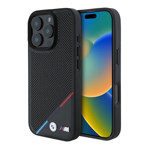 BMW для iPhone 16 Pro Max чехол M-Collection PU Perforated Tricolor Metal logo Hard Black (MagSafe)