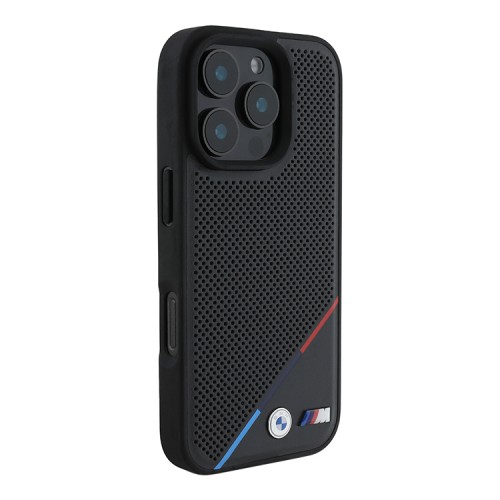 BMW для iPhone 16 Pro Max чехол M-Collection PU Perforated Tricolor Metal logo Hard Black (MagSafe)
