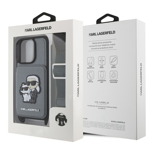 Karl Lagerfeld для iPhone 16 Pro Max чехол Crossbody cardslot PU Saffiano NFT Karl&Choupette Hard Silver