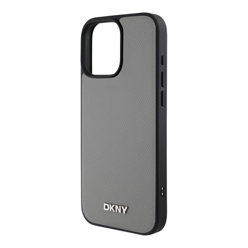 DKNY для iPhone 16 Pro чехол PU Grained leather Metal logo Hard Grey (MagSafe)