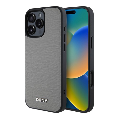 DKNY для iPhone 16 Pro чехол PU Grained leather Metal logo Hard Grey (MagSafe)