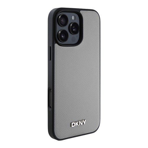DKNY для iPhone 16 Pro чехол PU Grained leather Metal logo Hard Grey (MagSafe)