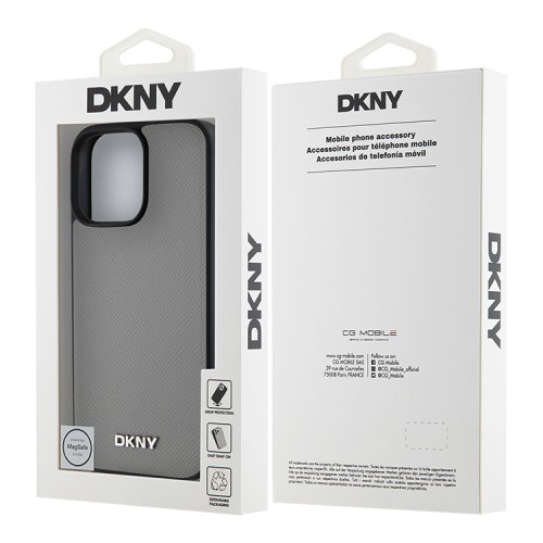 DKNY для iPhone 16 Pro чехол PU Grained leather Metal logo Hard Grey (MagSafe)