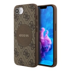 Guess для iPhone 16e чехол PU 4G with Round Patch Metal logo Hard Brown (MagSafe)
