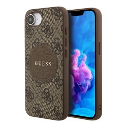 Guess для iPhone 16e чехол PU 4G with Round Patch Metal logo Hard Brown (MagSafe)