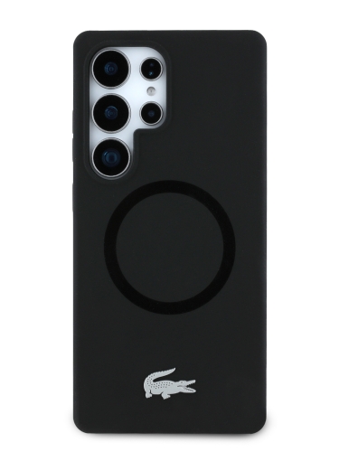 Lacoste для Galaxy S25 Ultra чехол Liquid silicone Silver Croc Metal logo Hard Black (MagSafe)