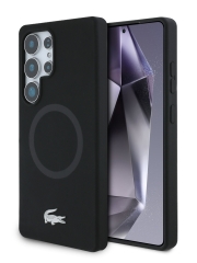 Lacoste для Galaxy S25 Ultra чехол Liquid silicone Silver Croc Metal logo Hard Black (MagSafe)