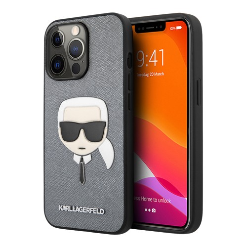 Чехол Lagerfeld PU Saffiano Karl's Head Hard для iPhone 13 Pro, серебристый