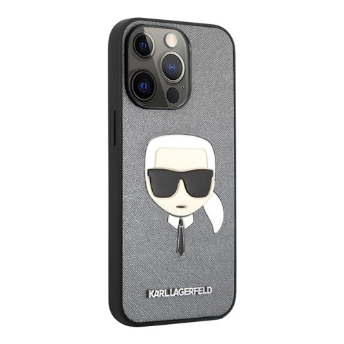 Чехол Lagerfeld PU Saffiano Karl's Head Hard для iPhone 13 Pro, серебристый