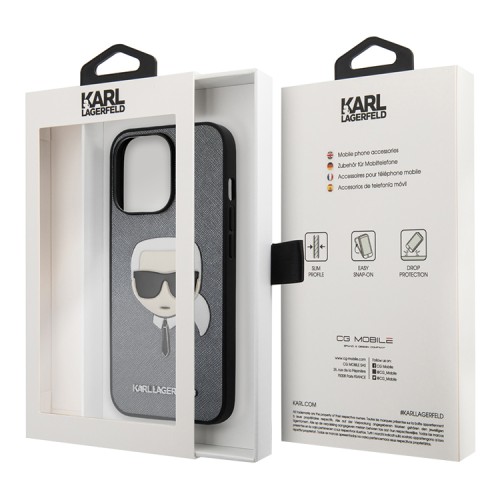 Чехол Lagerfeld PU Saffiano Karl's Head Hard для iPhone 13 Pro, серебристый