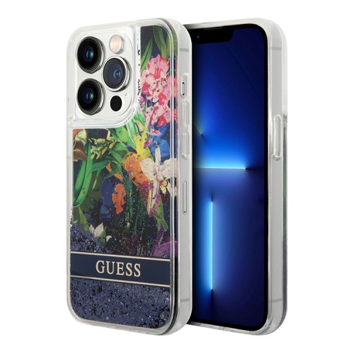 Чехол Guess Liquid glitter Flower Hard для iPhone 14 Pro, синий