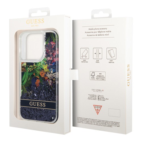 Чехол Guess Liquid glitter Flower Hard для iPhone 14 Pro, синий
