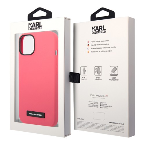 Чехол Lagerfeld Liquid silicone Plaque logo Hard для iPhone 14, фуксия (MagSafe)