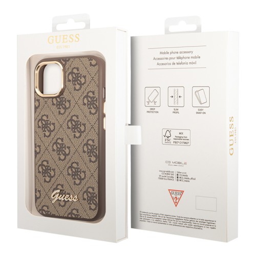 Чехол Guess PU 4G Script metal logo Hard для iPhone 14, коричневый