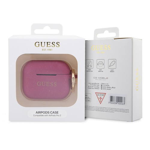 Чехол Guess Silicone Glitter с кольцом для Airpods Pro 2, фуксия