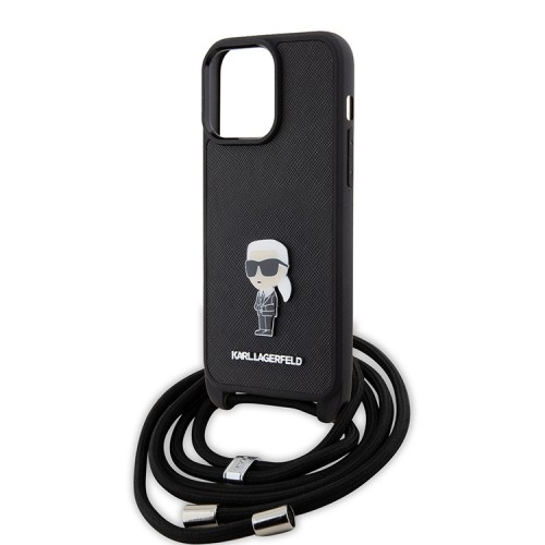 Lagerfeld для iPhone 15 Pro чехол Crossbody PU Saffiano NFT Karl Ikonik Metal Hard Black