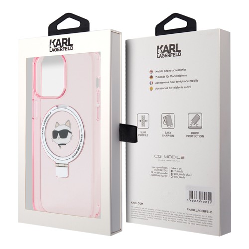 Karl Lagerfeld для iPhone 15 Pro чехол PC/TPU + Ring stand NFT Choupette head Hard Pink (MagSafe)