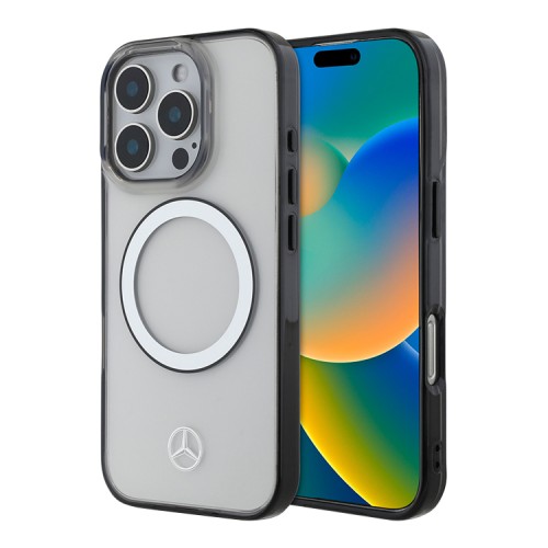 Mercedes для iPhone 16 Pro чехол PC/TPU Transparent with Black Ring, Clear (MagSafe)