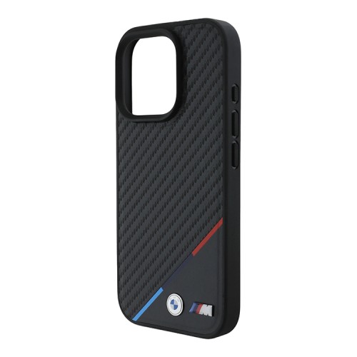 BMW для iPhone 16 Pro Max чехол PU Carbon Tricolor Metal logo Hard Black (MagSafe)
