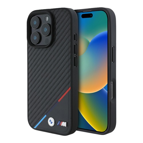 BMW для iPhone 16 Pro Max чехол PU Carbon Tricolor Metal logo Hard Black (MagSafe)