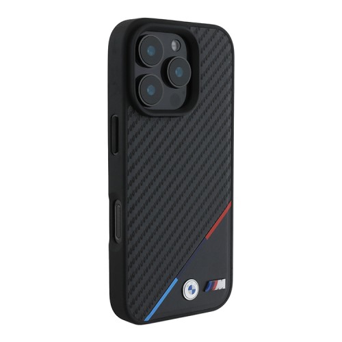 BMW для iPhone 16 Pro Max чехол PU Carbon Tricolor Metal logo Hard Black (MagSafe)