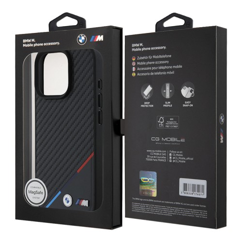 BMW для iPhone 16 Pro Max чехол PU Carbon Tricolor Metal logo Hard Black (MagSafe)