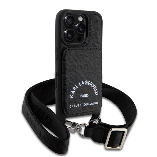 Karl Lagerfeld для iPhone 16 Pro Max чехол Crossbody cardslot PU Saffiano RSG Hard Black