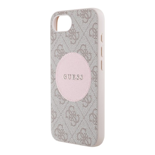 Guess для iPhone 16e чехол PU 4G with Round Patch Metal logo Hard Pink (MagSafe)