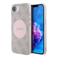 Guess для iPhone 16e чехол PU 4G with Round Patch Metal logo Hard Pink (MagSafe)